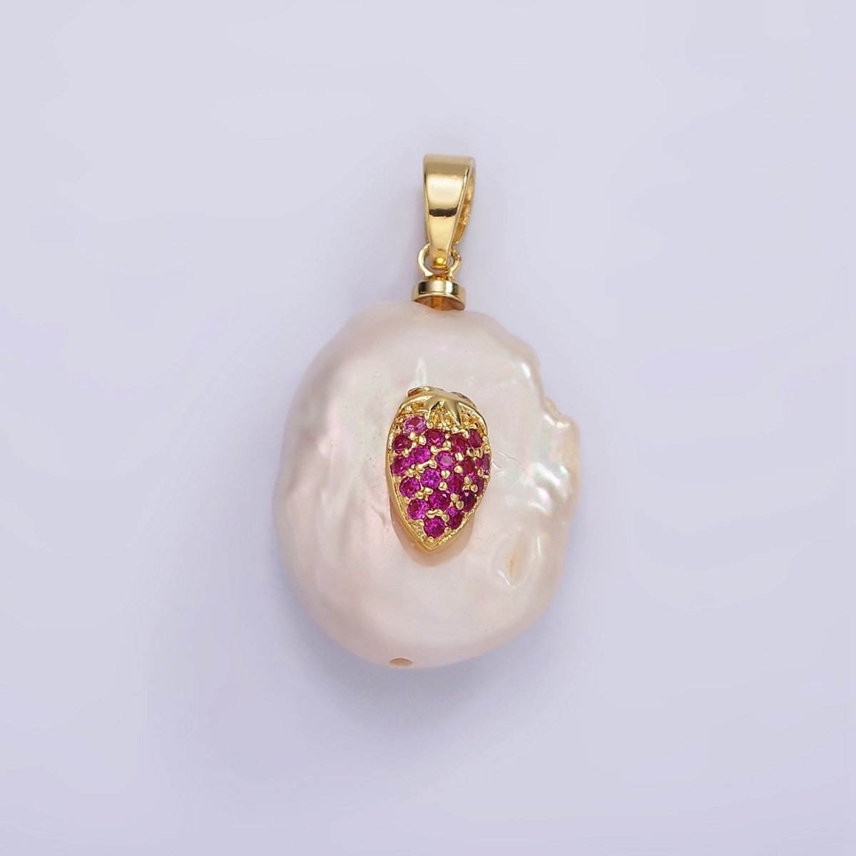 14K Gold Filled Fuchsia Micro Paved CZ Strawberry Freshwater Pearl Pendant | AA1114