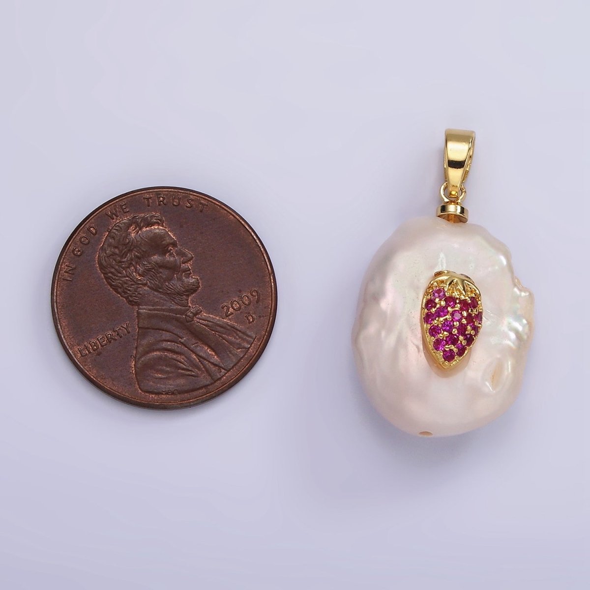14K Gold Filled Fuchsia Micro Paved CZ Strawberry Freshwater Pearl Pendant | AA1114
