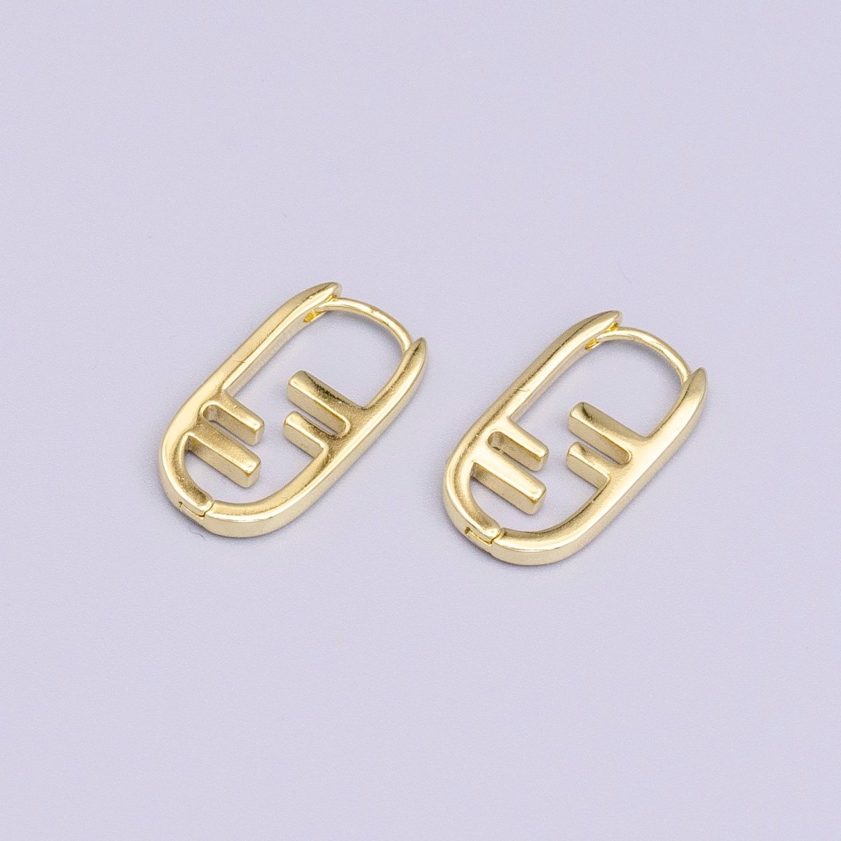 14K Gold Filled Geometric Bar Lined Oblong U-Shaped Hoop Earrings | AD-379