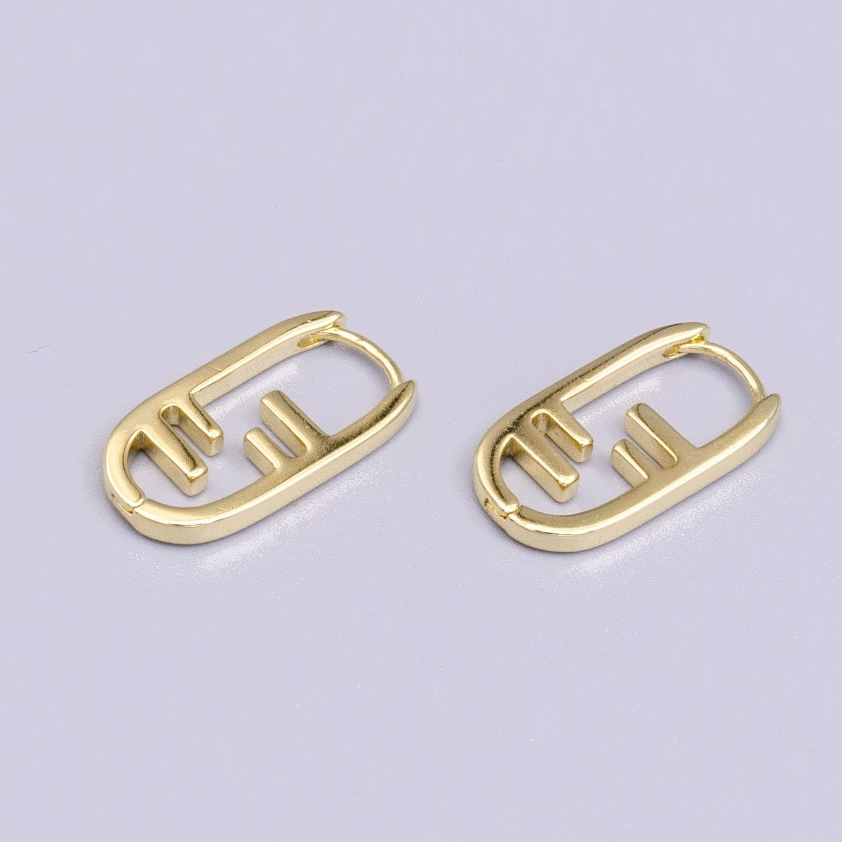 14K Gold Filled Geometric Bar Lined Oblong U-Shaped Hoop Earrings | AD-379