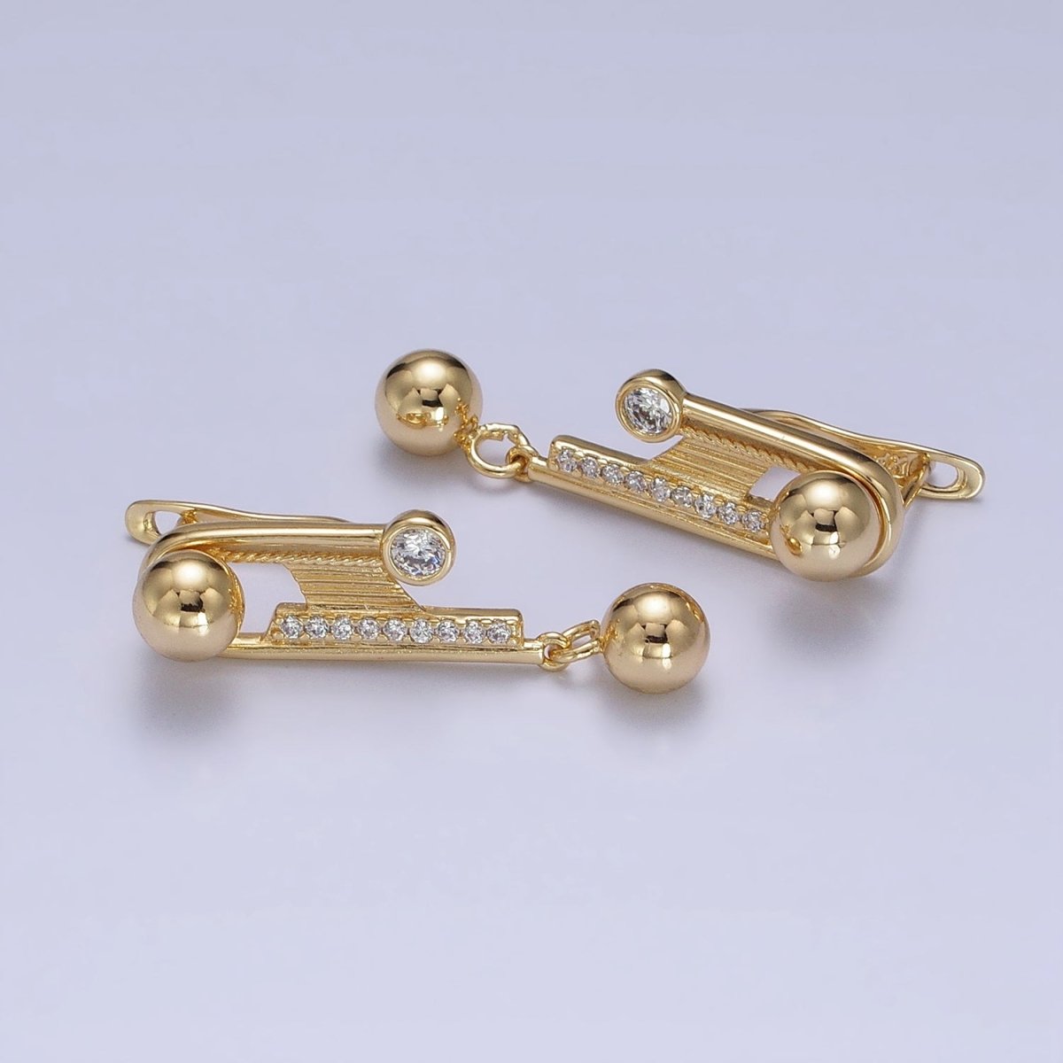 14K Gold Filled Geometric Clear Micro Paved CZ Round Beaded Drop English Lock Earrings | AD1534