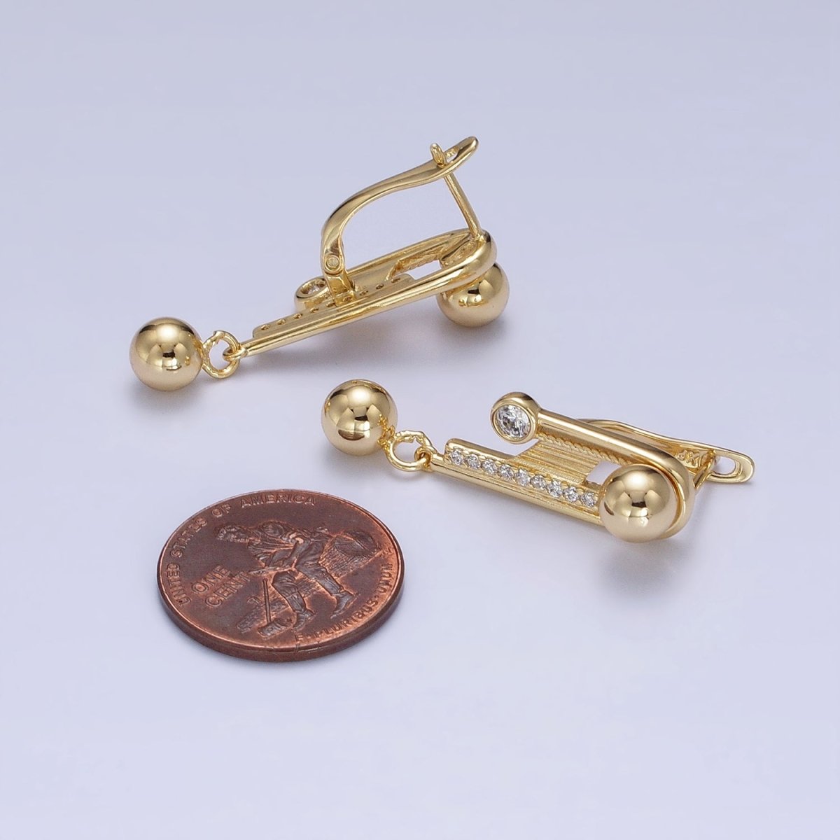14K Gold Filled Geometric Clear Micro Paved CZ Round Beaded Drop English Lock Earrings | AD1534