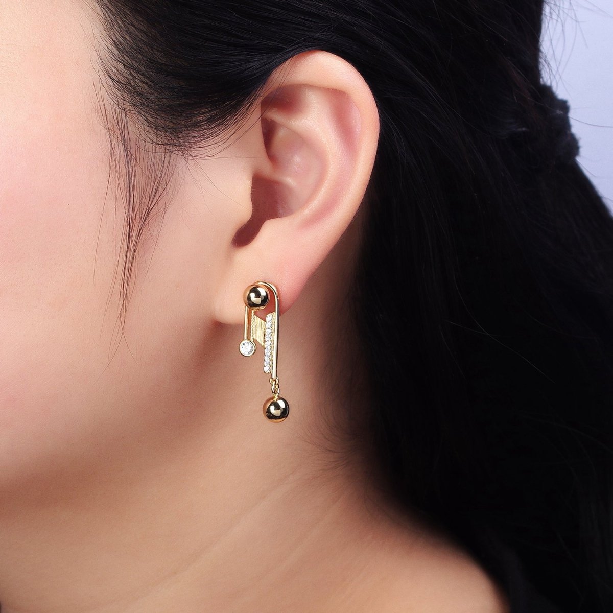 14K Gold Filled Geometric Clear Micro Paved CZ Round Beaded Drop English Lock Earrings | AD1534