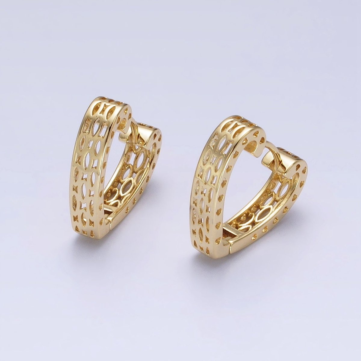 14K Gold Filled Geometric Filigree Heart Huggie Hoop Earrings | AD1530