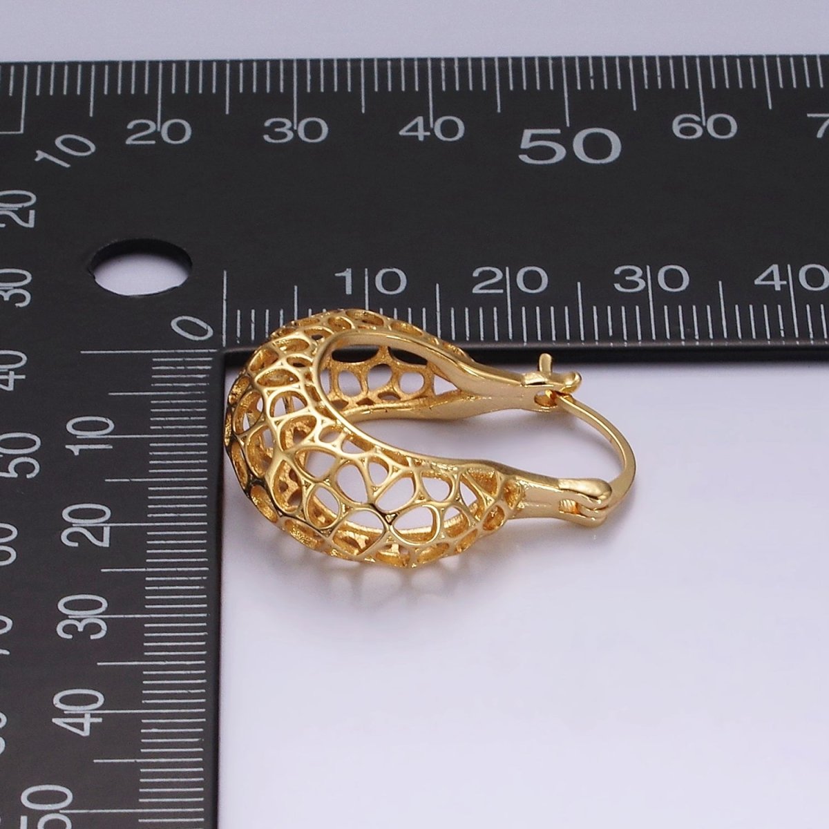 14K Gold Filled Geometric Filigree Open Dome French Lock Latch Hoop Earrings | AE222
