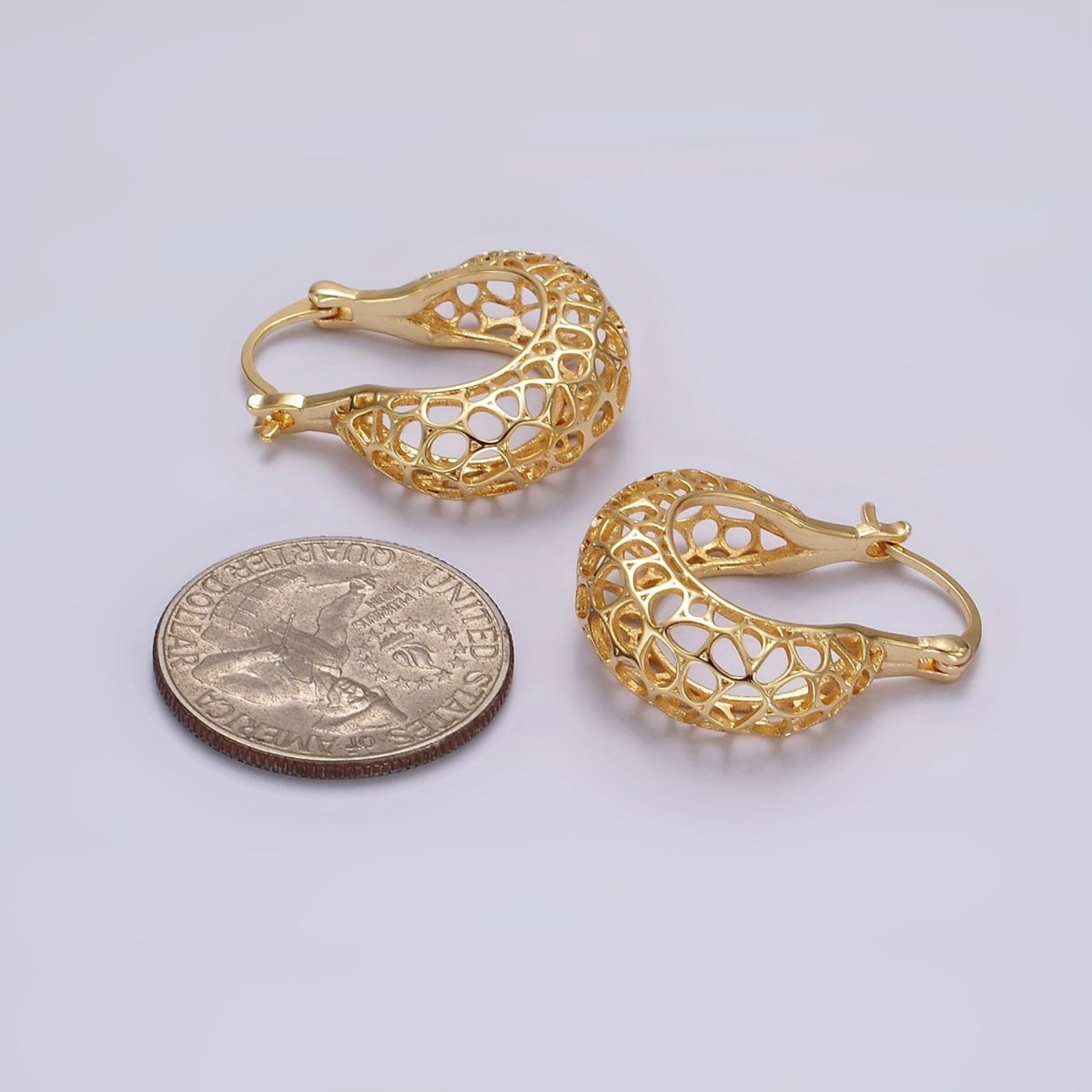 14K Gold Filled Geometric Filigree Open Dome French Lock Latch Hoop Earrings | AE222