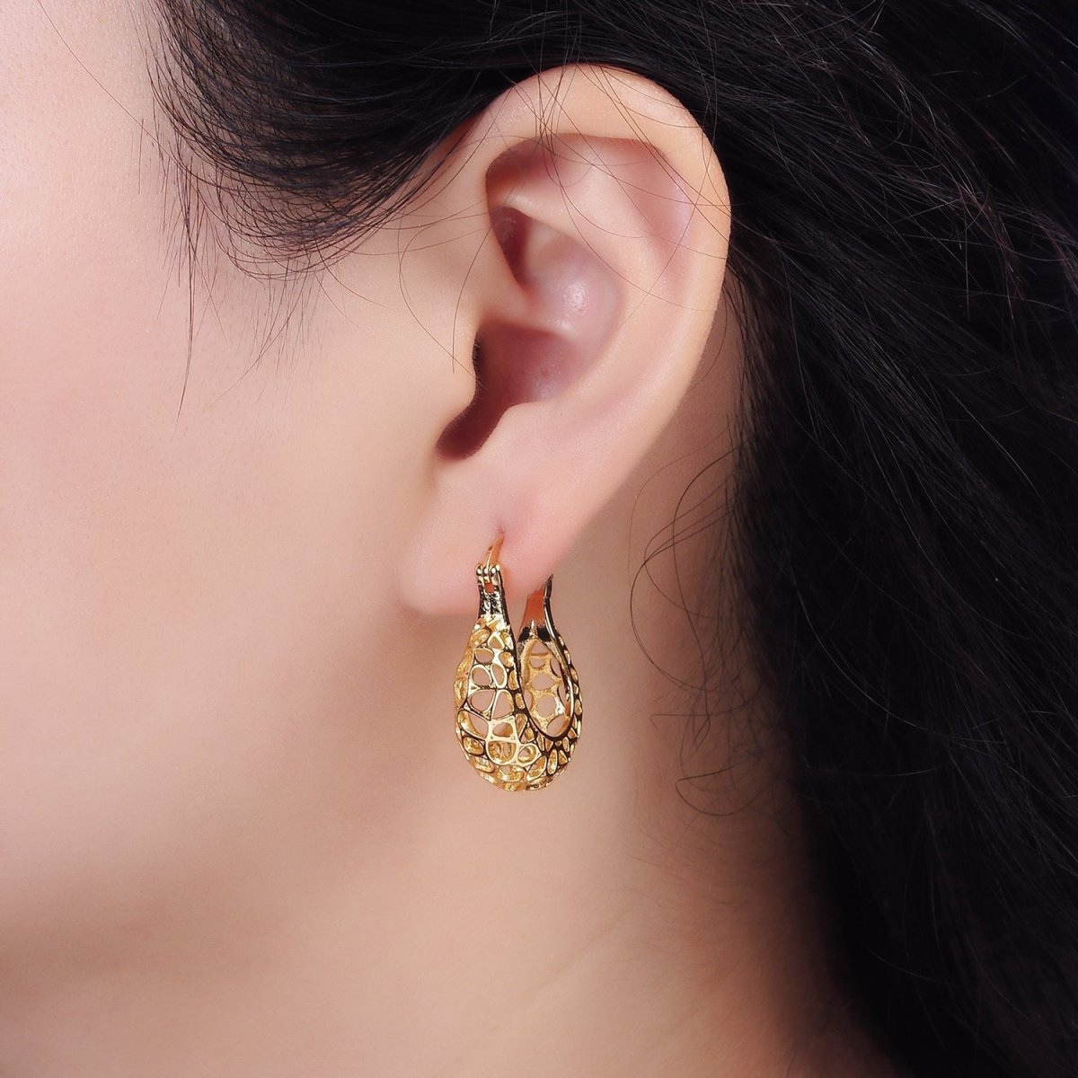 14K Gold Filled Geometric Filigree Open Dome French Lock Latch Hoop Earrings | AE222