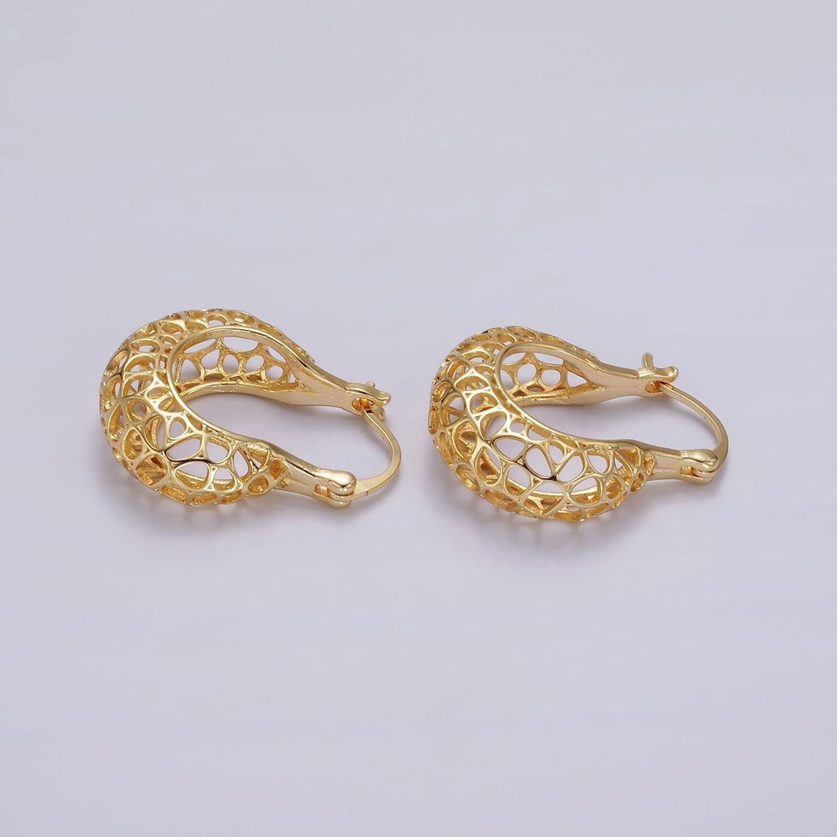 14K Gold Filled Geometric Filigree Open Dome French Lock Latch Hoop Earrings | AE222