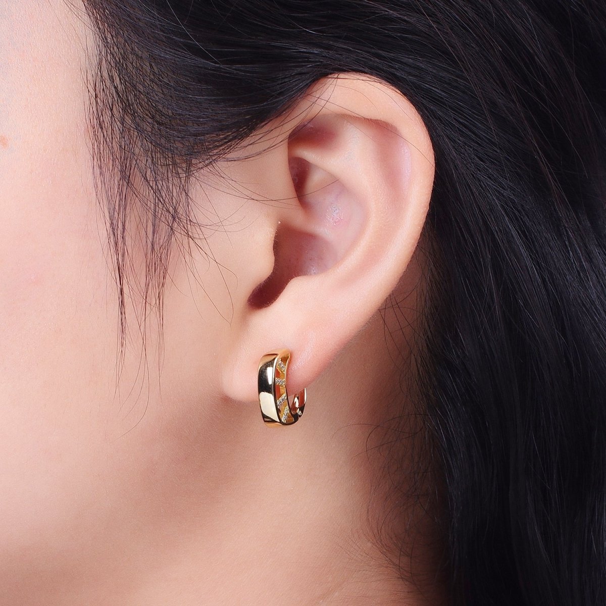14K Gold Filled Geometric Micro Paved CZ Bar Latch Earrings | V-024