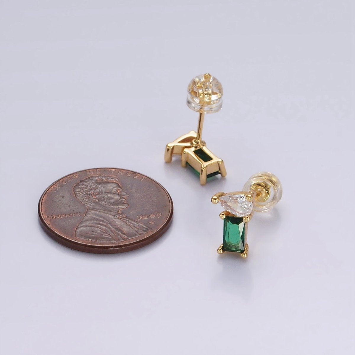 14K Gold Filled Green Baguette Clear Teardrop Stud Earrings Set | AE990