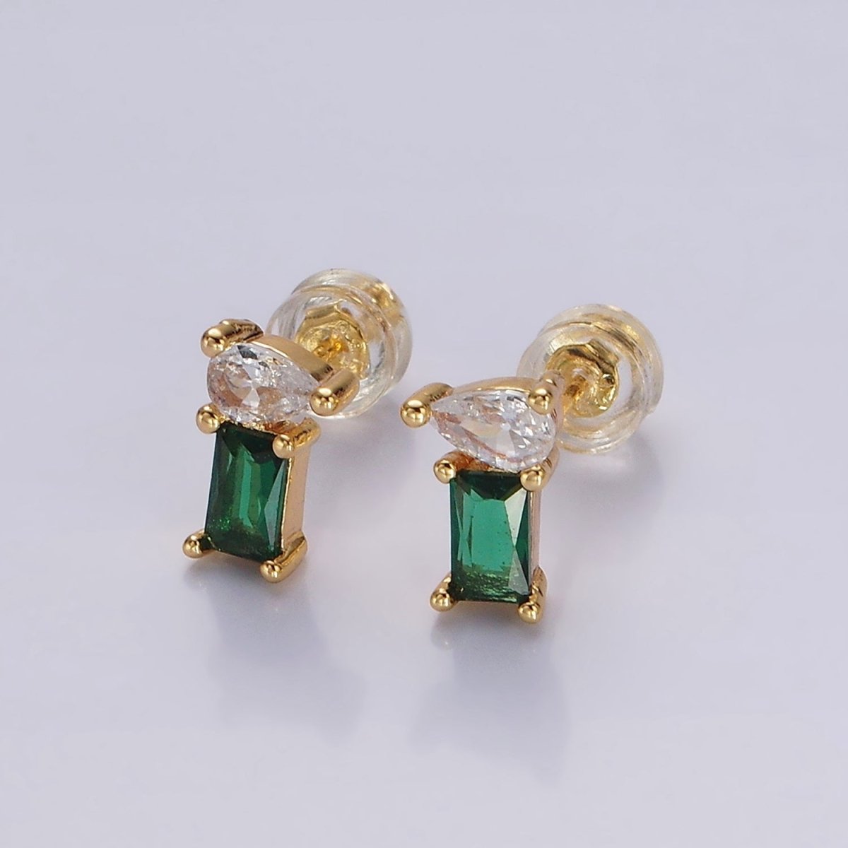 14K Gold Filled Green Baguette Clear Teardrop Stud Earrings Set | AE990