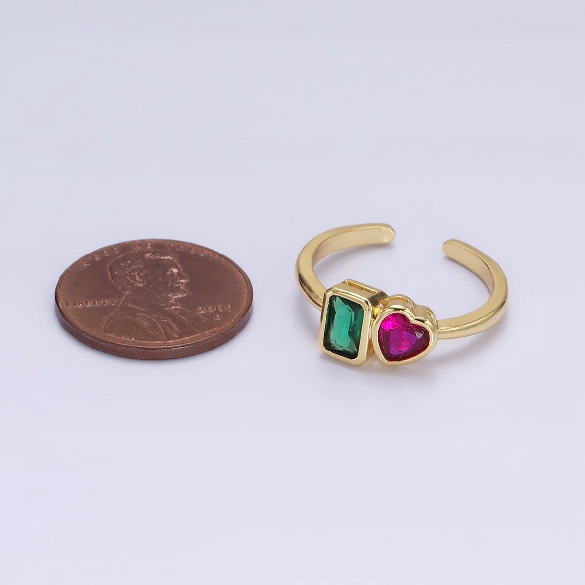 14K Gold Filled Green Baguette Fuchsia Heart Ring | O-580