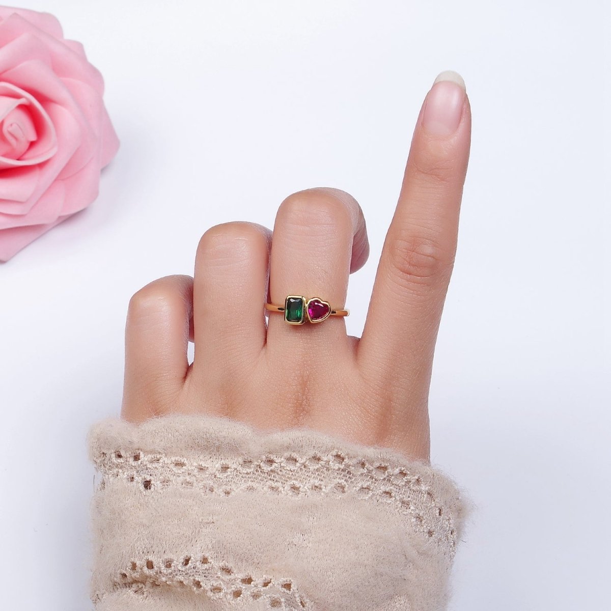 14K Gold Filled Green Baguette Fuchsia Heart Ring | O-580