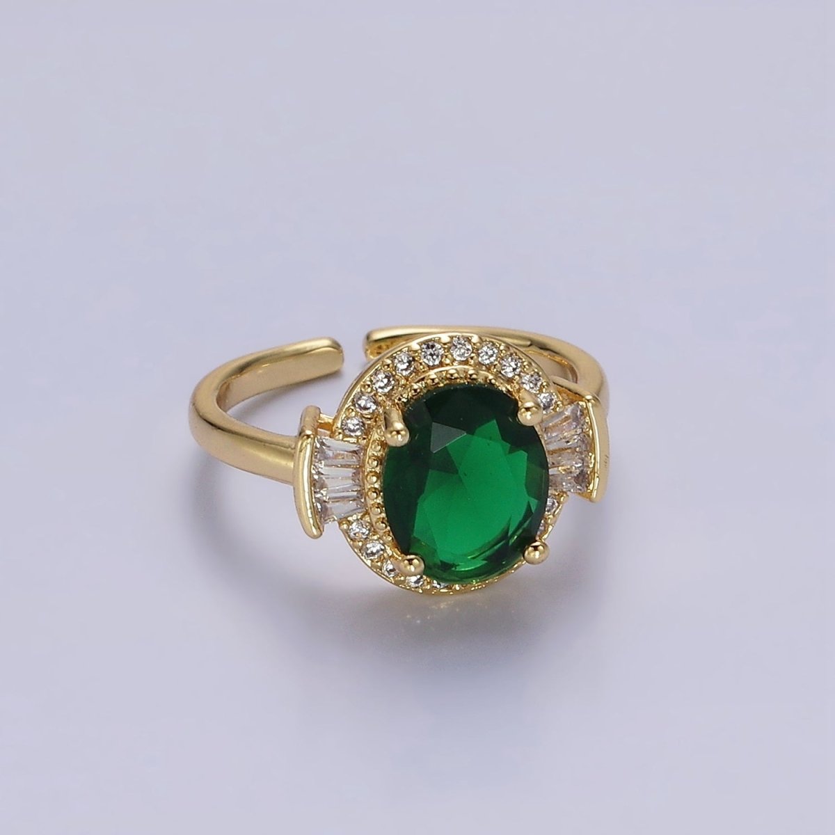 14K Gold Filled Green, Black, Red Oval CZ Baguette Micro Paved Adjustable Solitaire Ring | O-634 ~ O-636