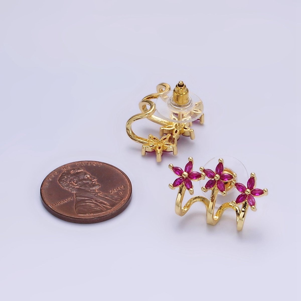 14K Gold Filled Green, Clear Fuchsia Marquise Flower Triple Ear Cuff Stud Earrings Set | AE641 - AE643