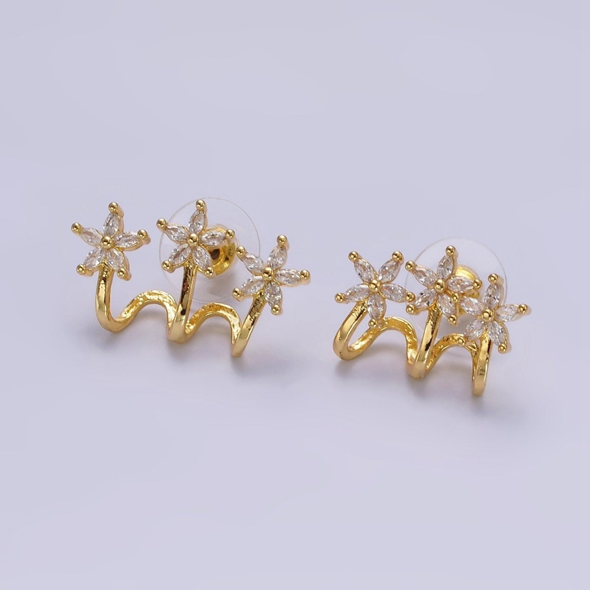 14K Gold Filled Green, Clear Fuchsia Marquise Flower Triple Ear Cuff Stud Earrings Set | AE641 - AE643