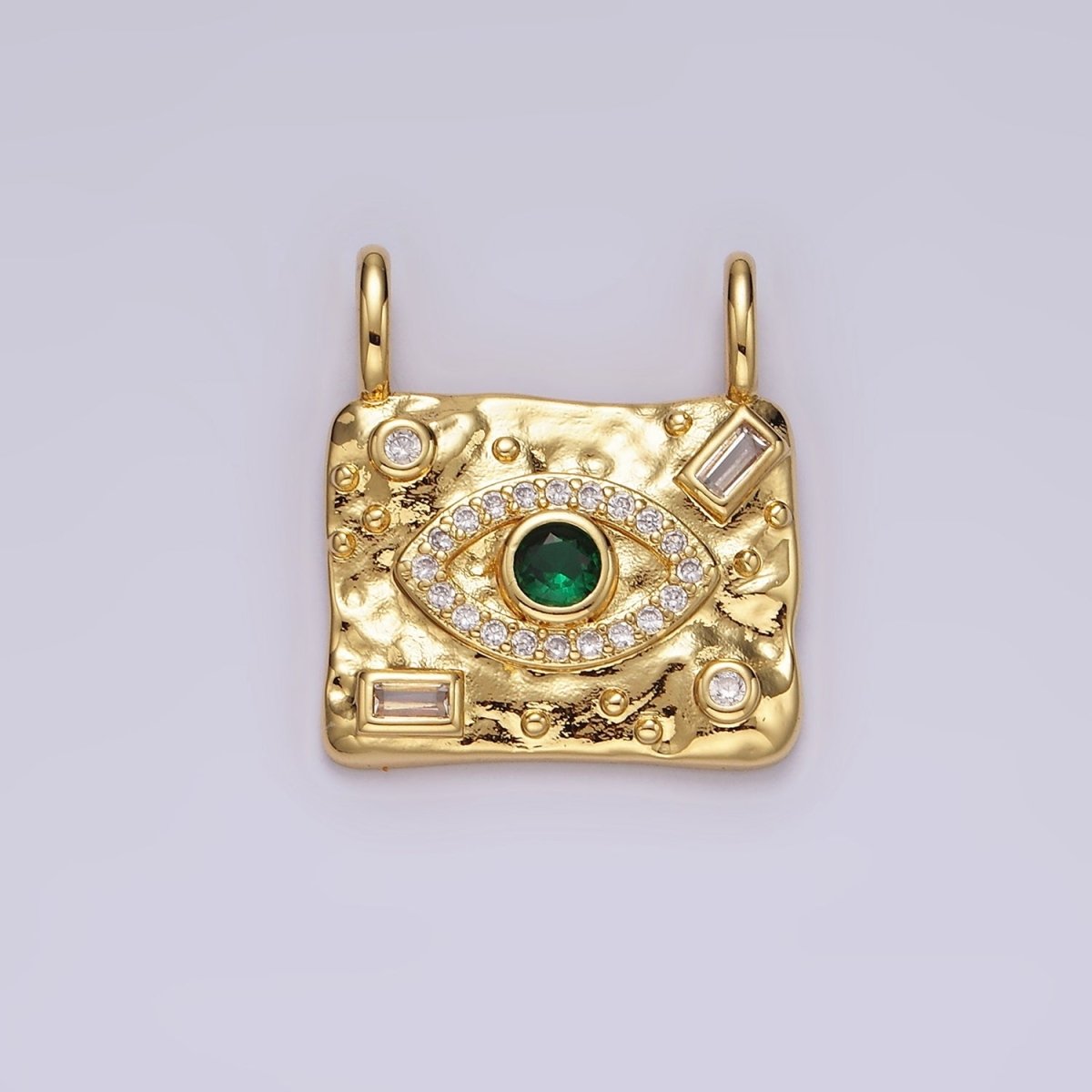 14K Gold Filled Green CZ Evil Eye Micro Paved Baguette Hammered Rectangular Connector | G180