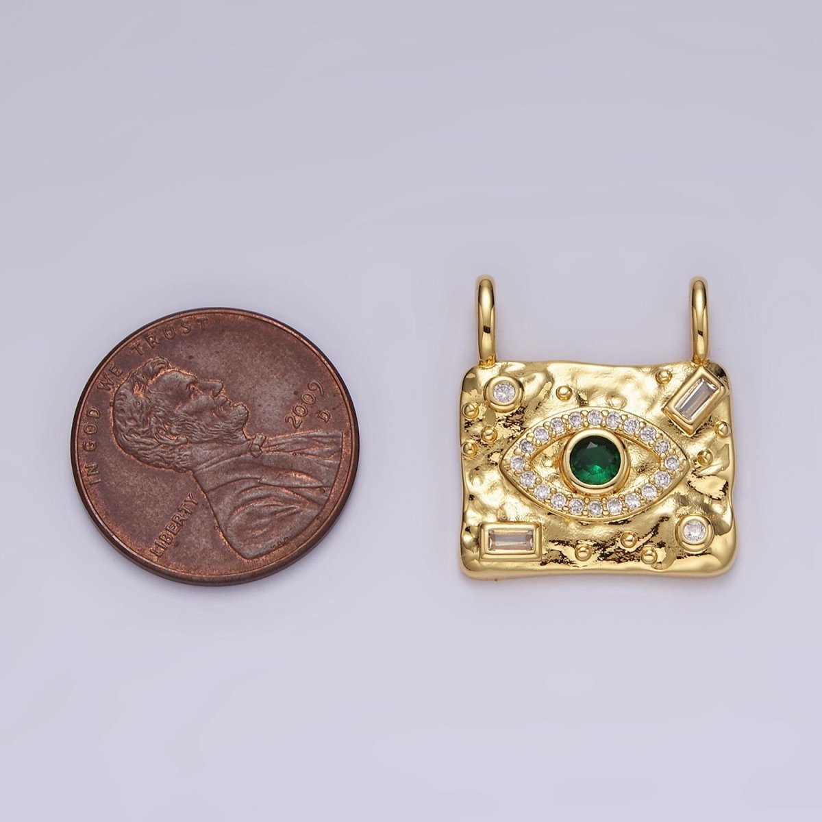 14K Gold Filled Green CZ Evil Eye Micro Paved Baguette Hammered Rectangular Connector | G180
