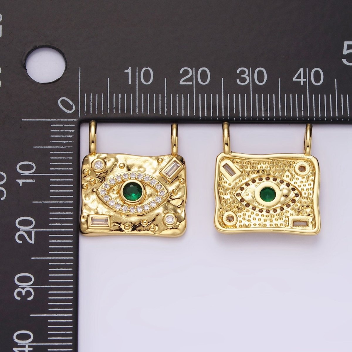 14K Gold Filled Green CZ Evil Eye Micro Paved Baguette Hammered Rectangular Connector | G180