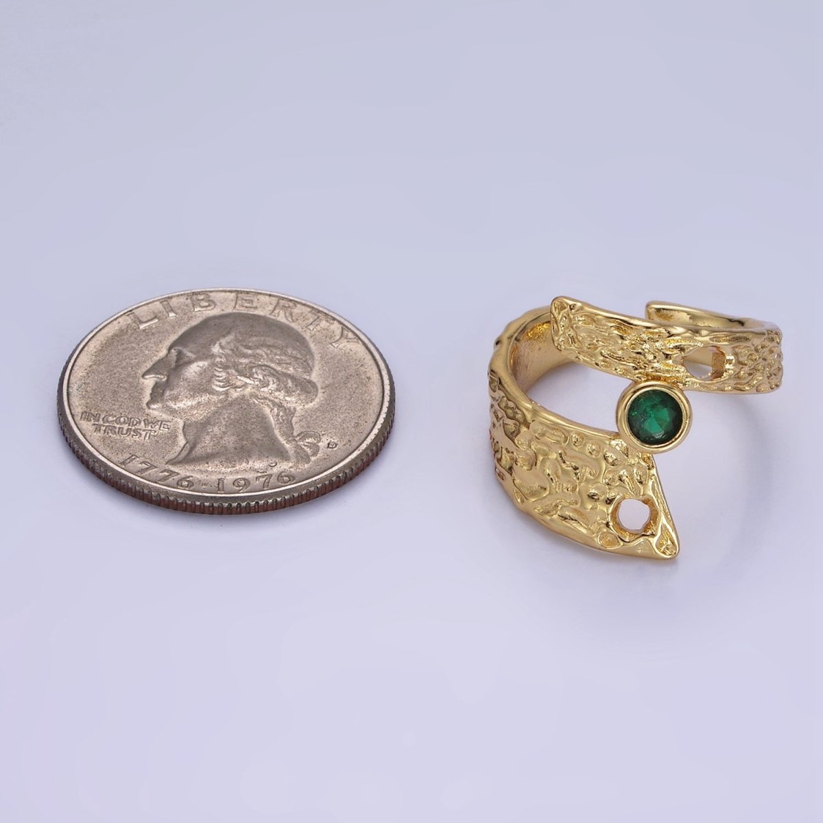 14K Gold Filled Green CZ Hammered Wide Wrap Ring | O1308