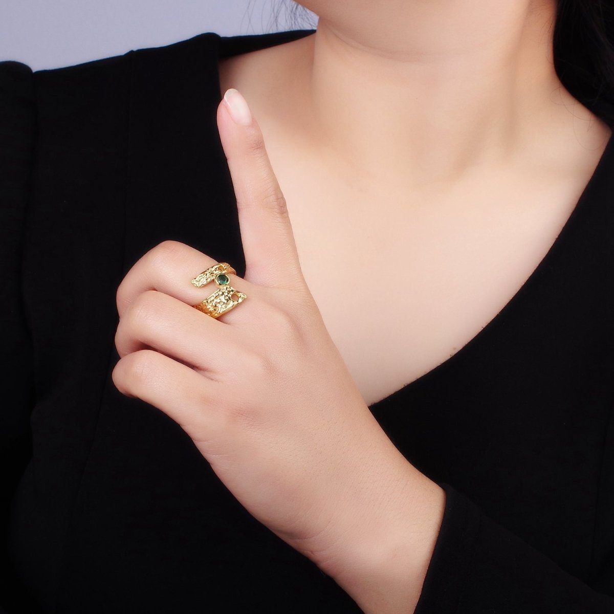 14K Gold Filled Green CZ Hammered Wide Wrap Ring | O1308