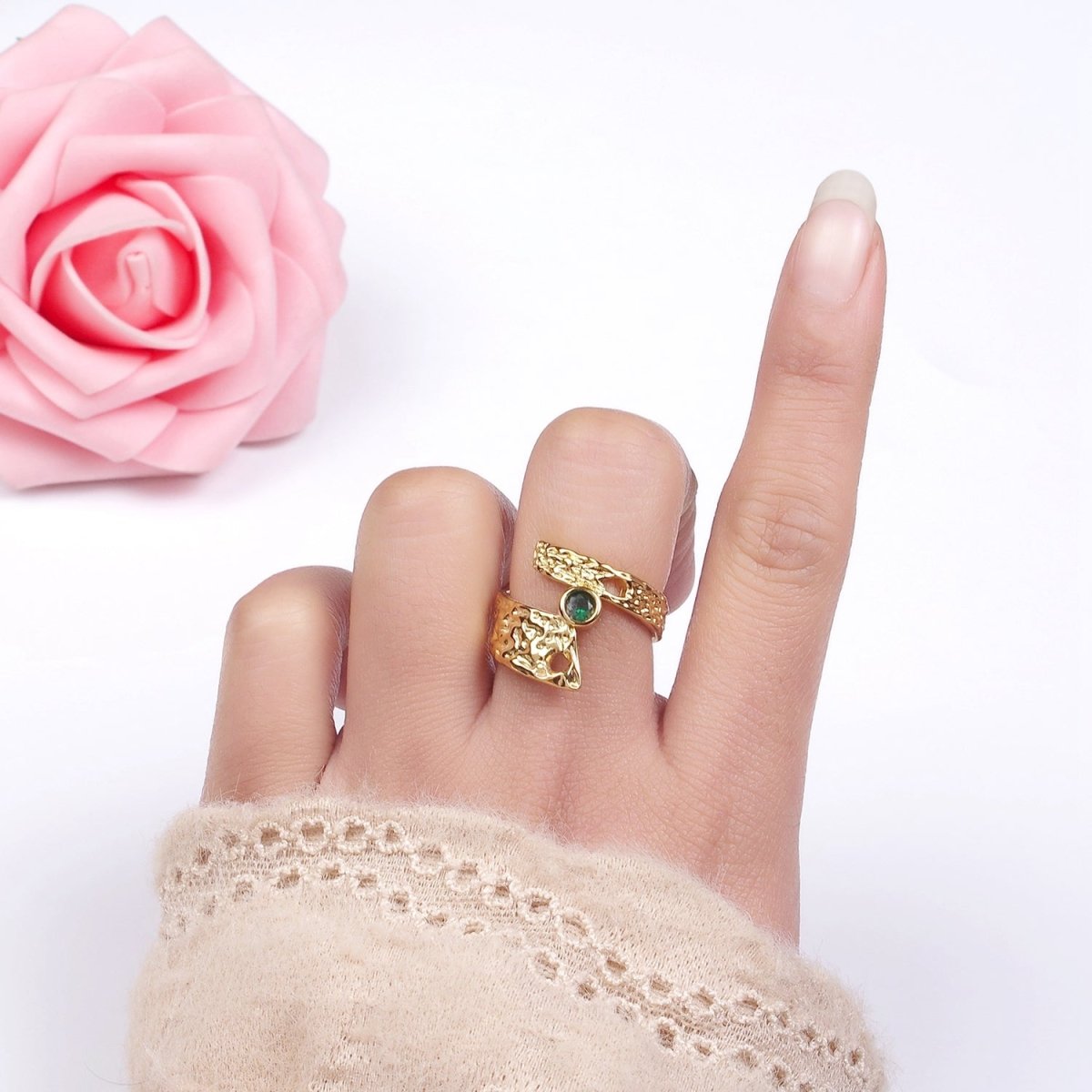 14K Gold Filled Green CZ Hammered Wide Wrap Ring | O1308