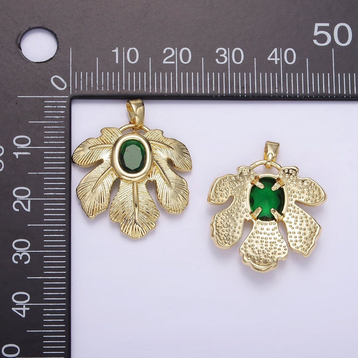 14K Gold Filled Green CZ Line-Textured Palm Leaf Nature Pendant | AH149