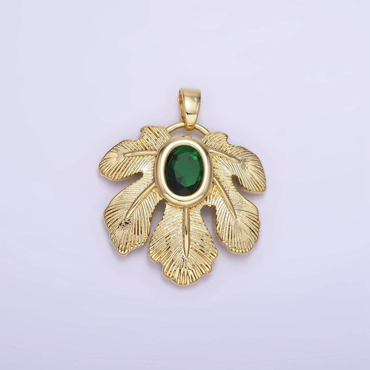 14K Gold Filled Green CZ Line-Textured Palm Leaf Nature Pendant | AH149