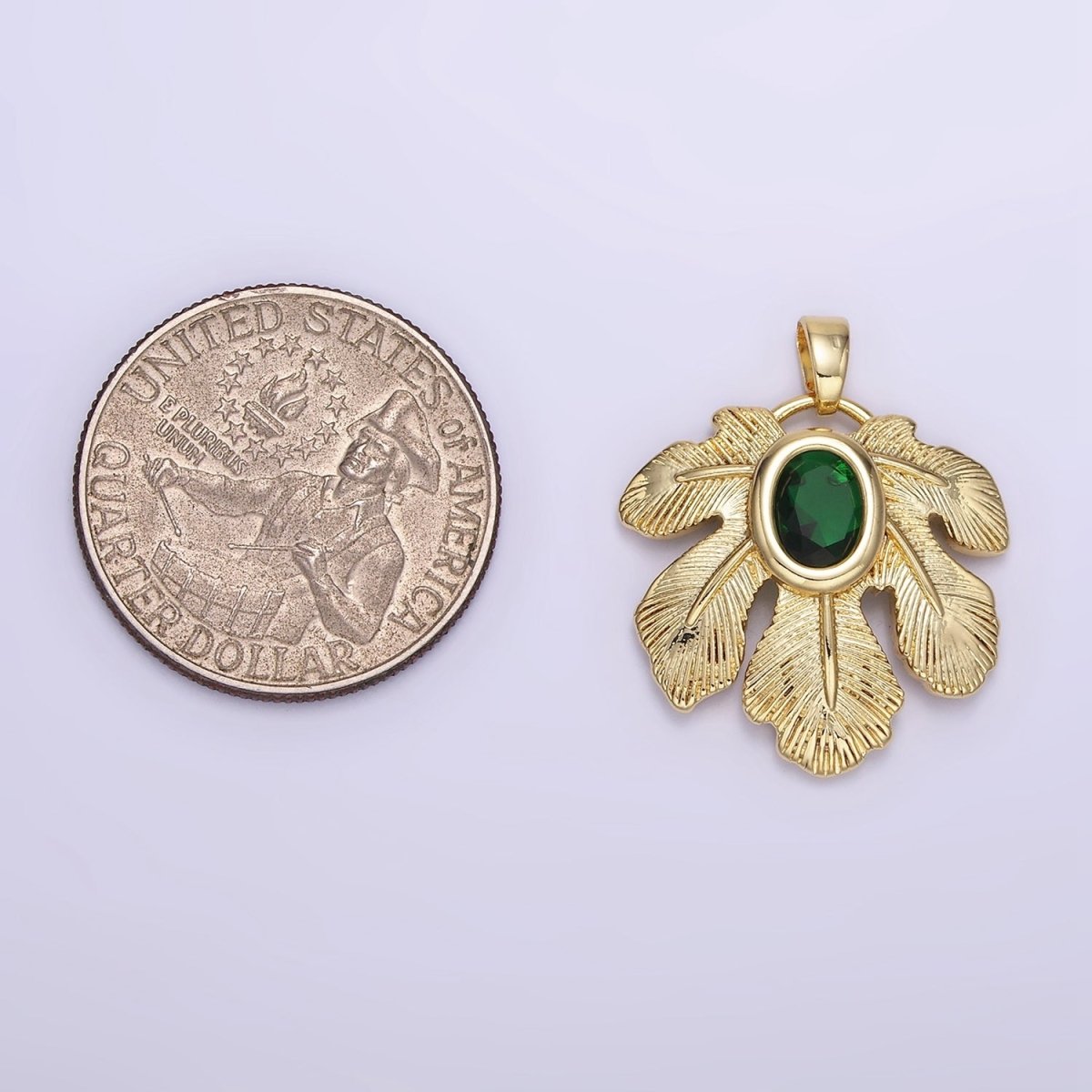 14K Gold Filled Green CZ Line-Textured Palm Leaf Nature Pendant | AH149
