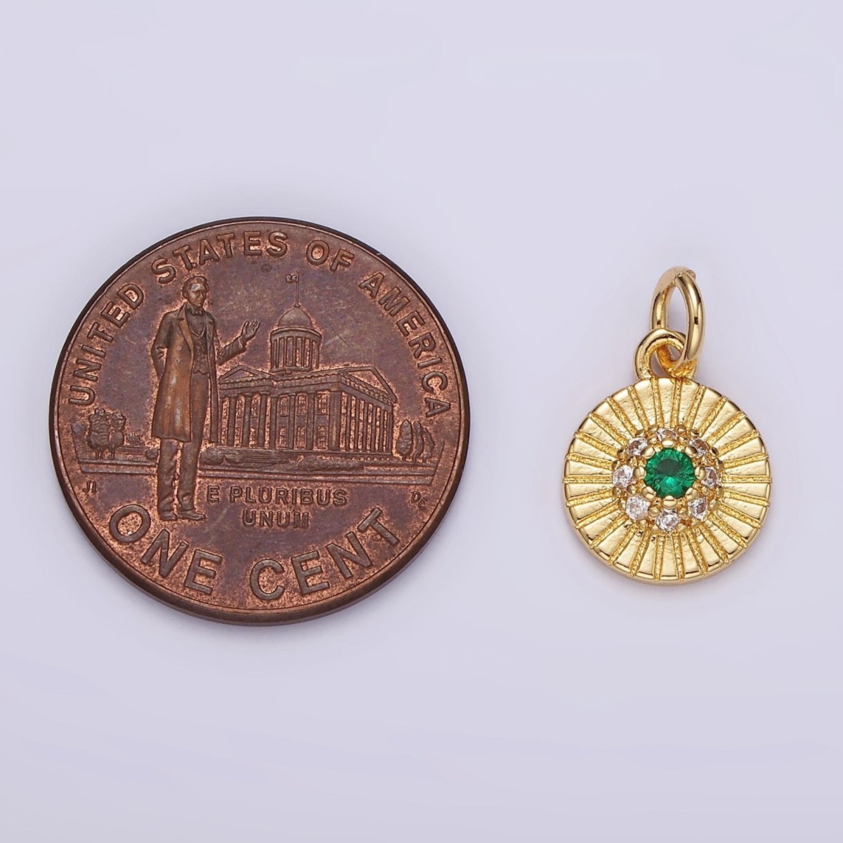 14K Gold Filled Green CZ Micro Paved Line-Textured Mini Round Charm | N994