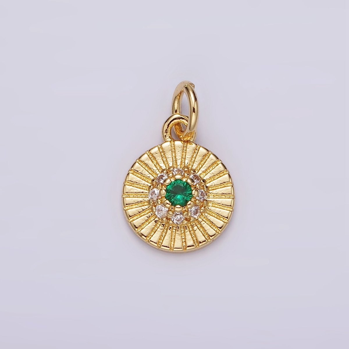 14K Gold Filled Green CZ Micro Paved Line-Textured Mini Round Charm | N994