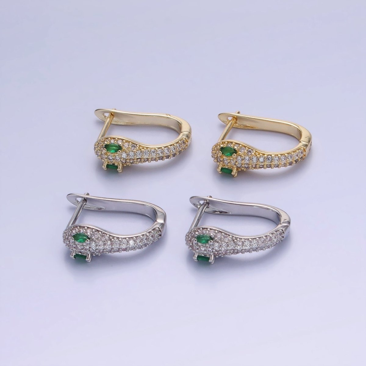 14K Gold Filled Green-Eyed Micro Paved CZ Cartilage English Lock Earrings in Gold & Silver | AB1319