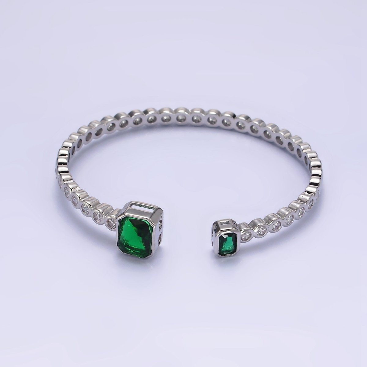 14K Gold Filled Green, Fuchsia Baguette Round CZ Lined Cuff Bracelet in Silver & Gold | WA-1974 - WA-1977 Clearance Pricing