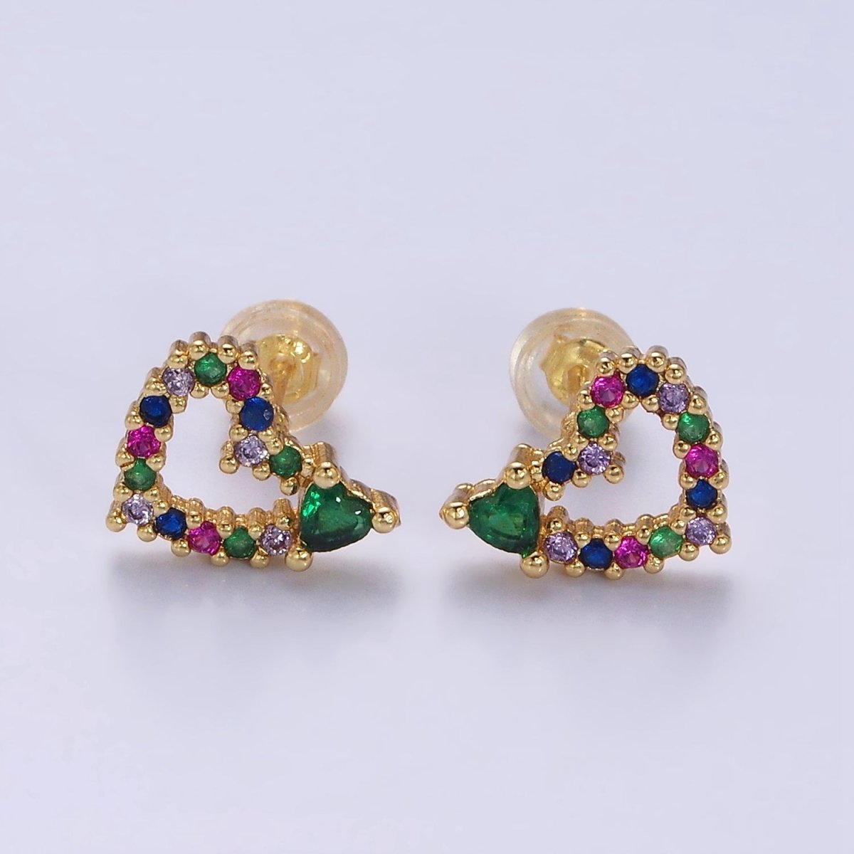 14K Gold Filled Green Heart Multicolor CZ Open Lined Stud Earrings in Gold & Silver | AD-442 AD-443