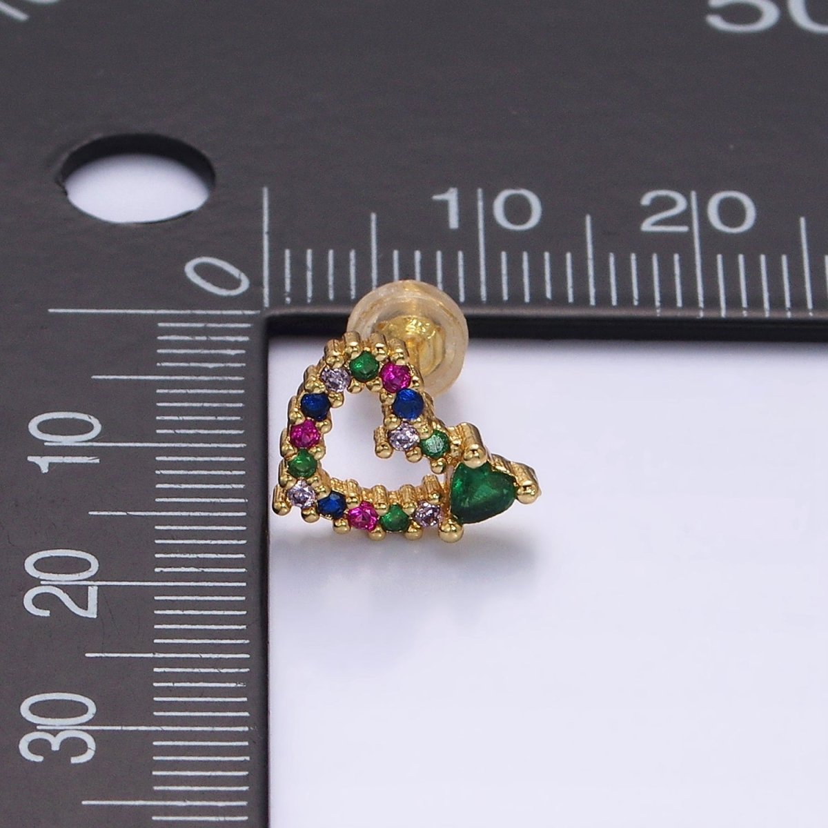 14K Gold Filled Green Heart Multicolor CZ Open Lined Stud Earrings in Gold & Silver | AD-442 AD-443