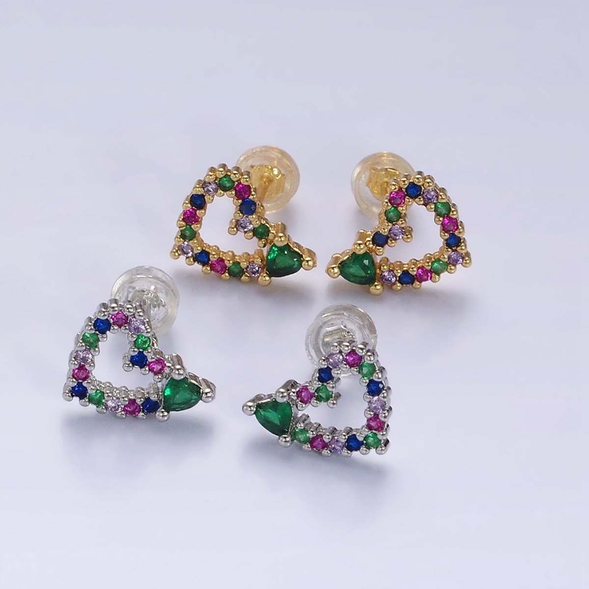 14K Gold Filled Green Heart Multicolor CZ Open Lined Stud Earrings in Gold & Silver | AD-442 AD-443