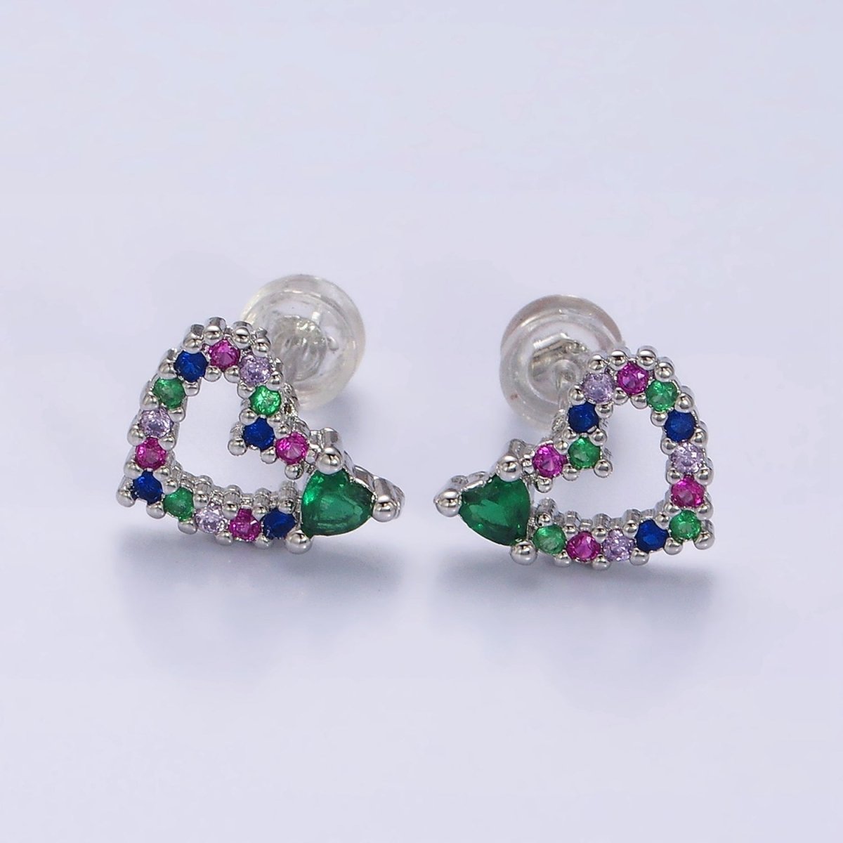14K Gold Filled Green Heart Multicolor CZ Open Lined Stud Earrings in Gold & Silver | AD-442 AD-443