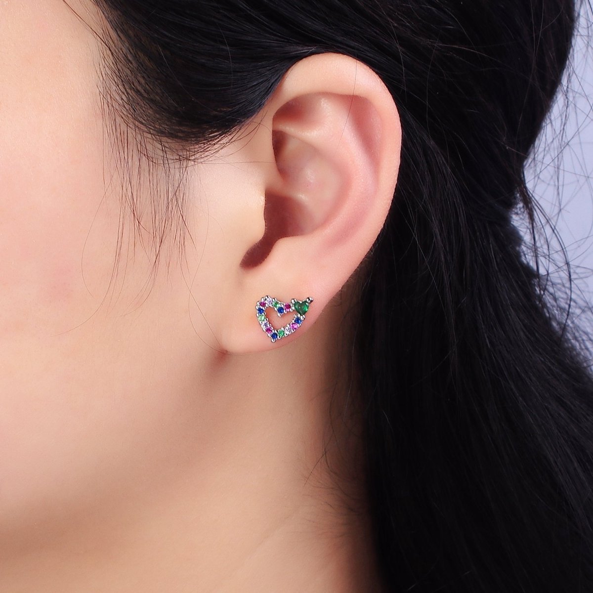14K Gold Filled Green Heart Multicolor CZ Open Lined Stud Earrings in Gold & Silver | AD-442 AD-443