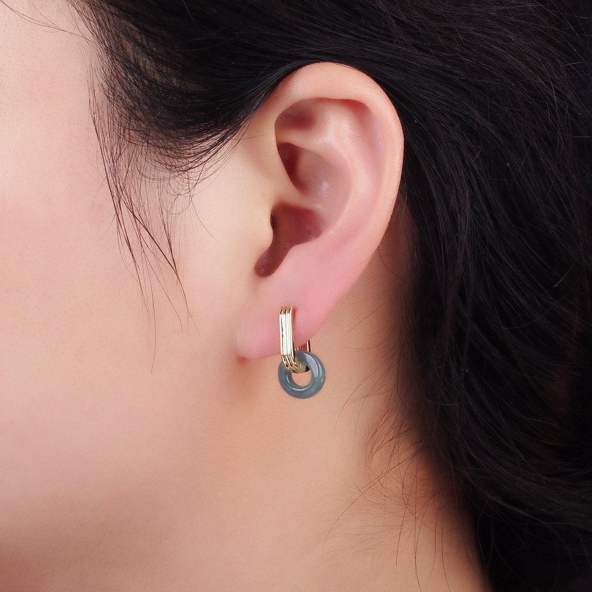 14K Gold Filled Green Jade Donut Drop Triple Lined Oblong Hoop Earrings | V503