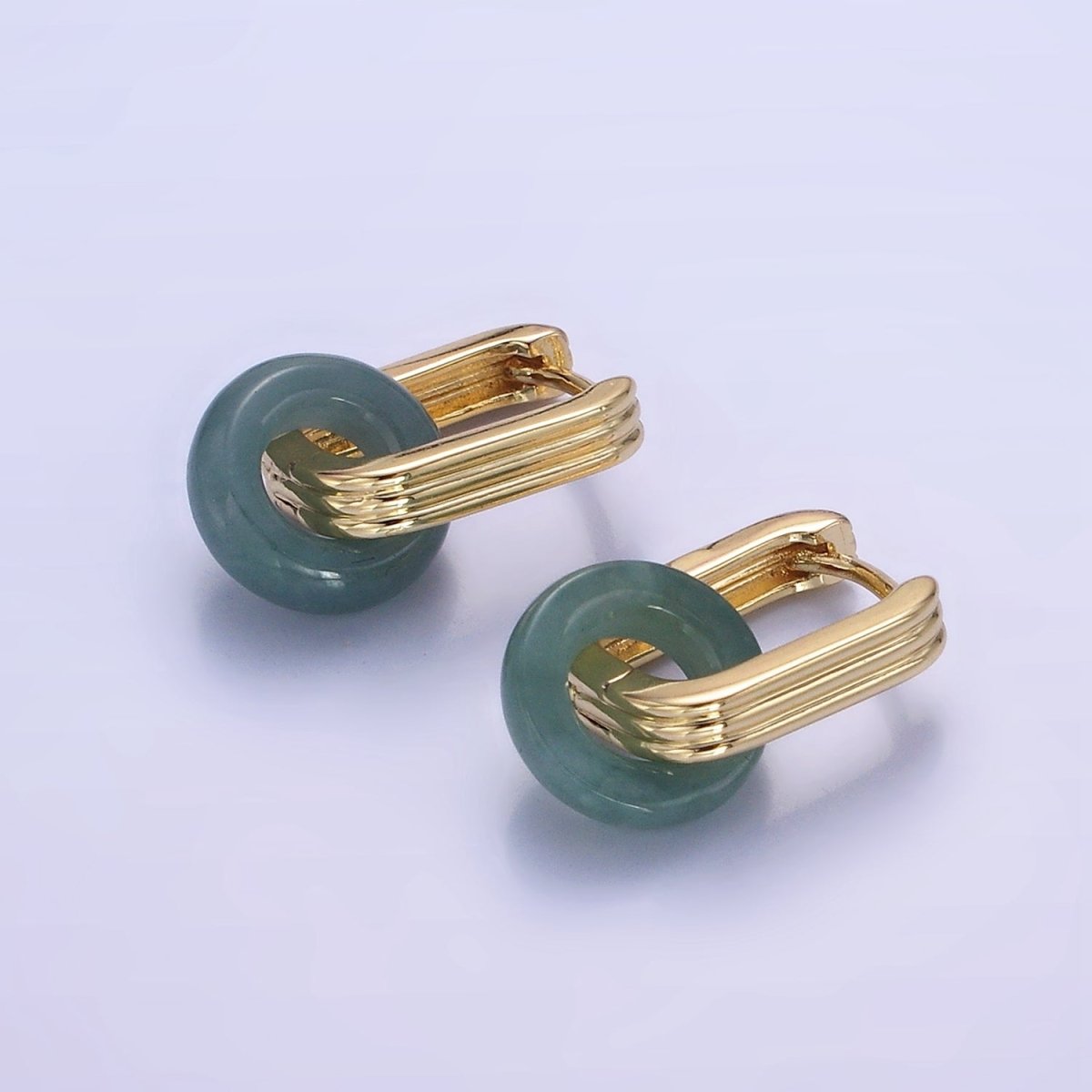 14K Gold Filled Green Jade Donut Drop Triple Lined Oblong Hoop Earrings | V503