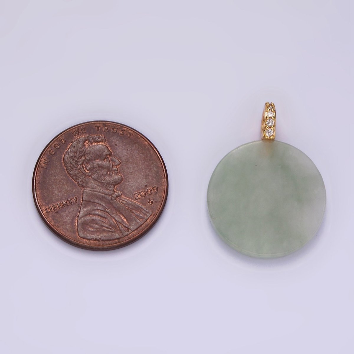 14K Gold Filled Green Jade Round Micro Paved CZ Bail Pendant | N1091