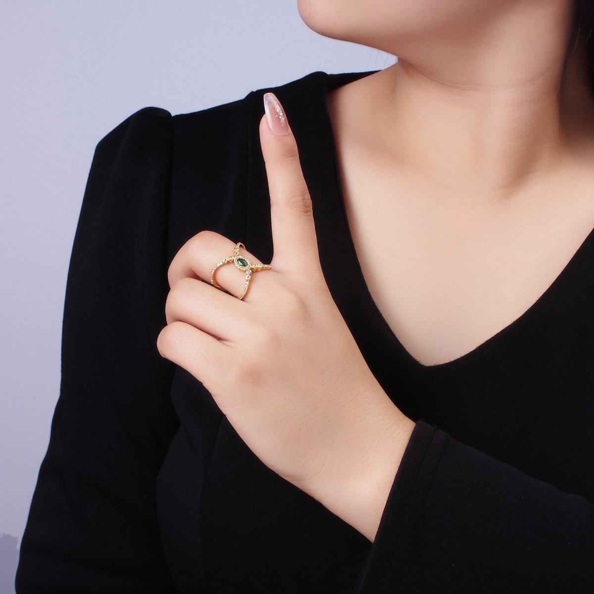 14K Gold Filled Green Marquise CZ Micro Paved Double Band Ring | O1319