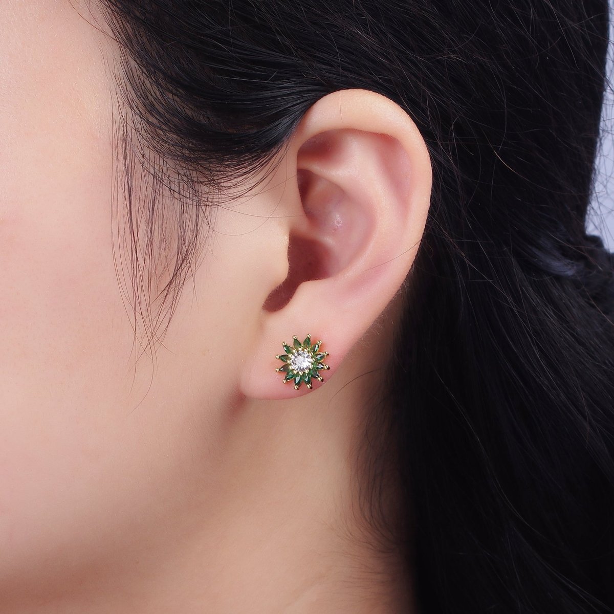 14K Gold Filled Green Marquise Sunflower Petal Stud Earrings | AE646