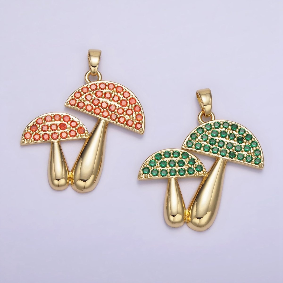 14K Gold Filled Green, Orange Micro Paved CZ Mushroom Plant Nature Pendant | AH152