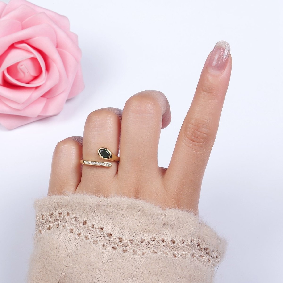 14K Gold Filled Green Oval CZ Clear Micro Paved Band Open Ring | O-569