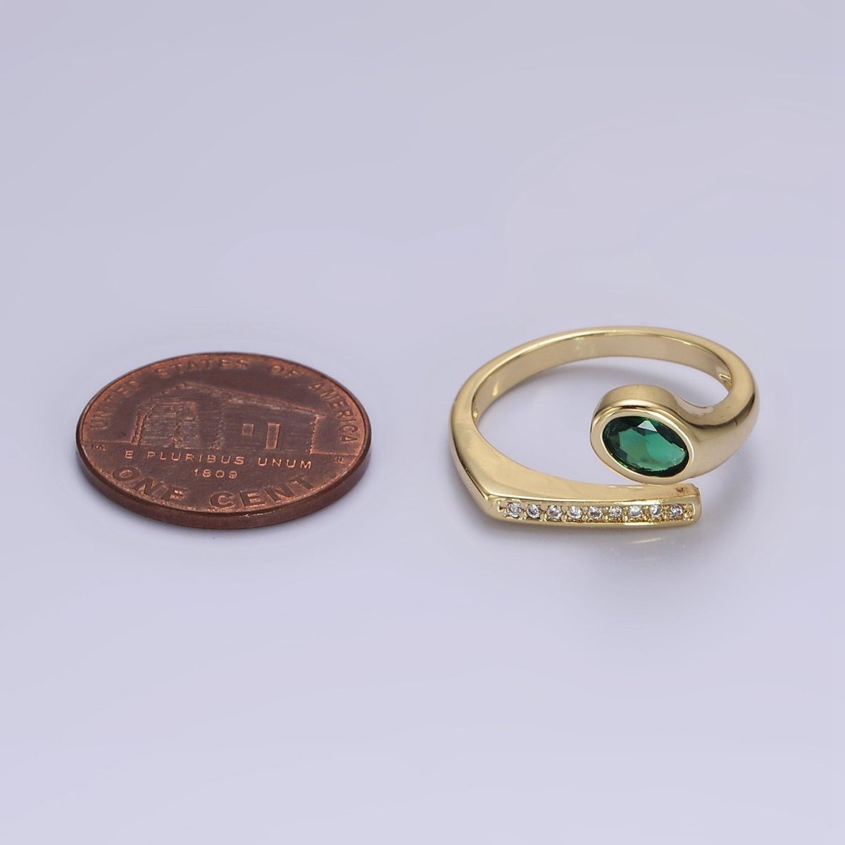 14K Gold Filled Green Oval CZ Clear Micro Paved Band Open Ring | O-569