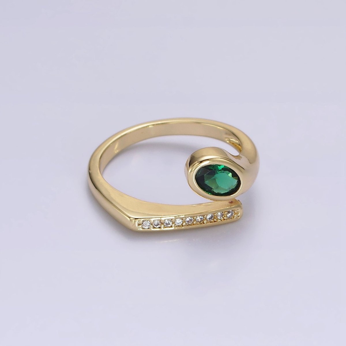 14K Gold Filled Green Oval CZ Clear Micro Paved Band Open Ring | O-569