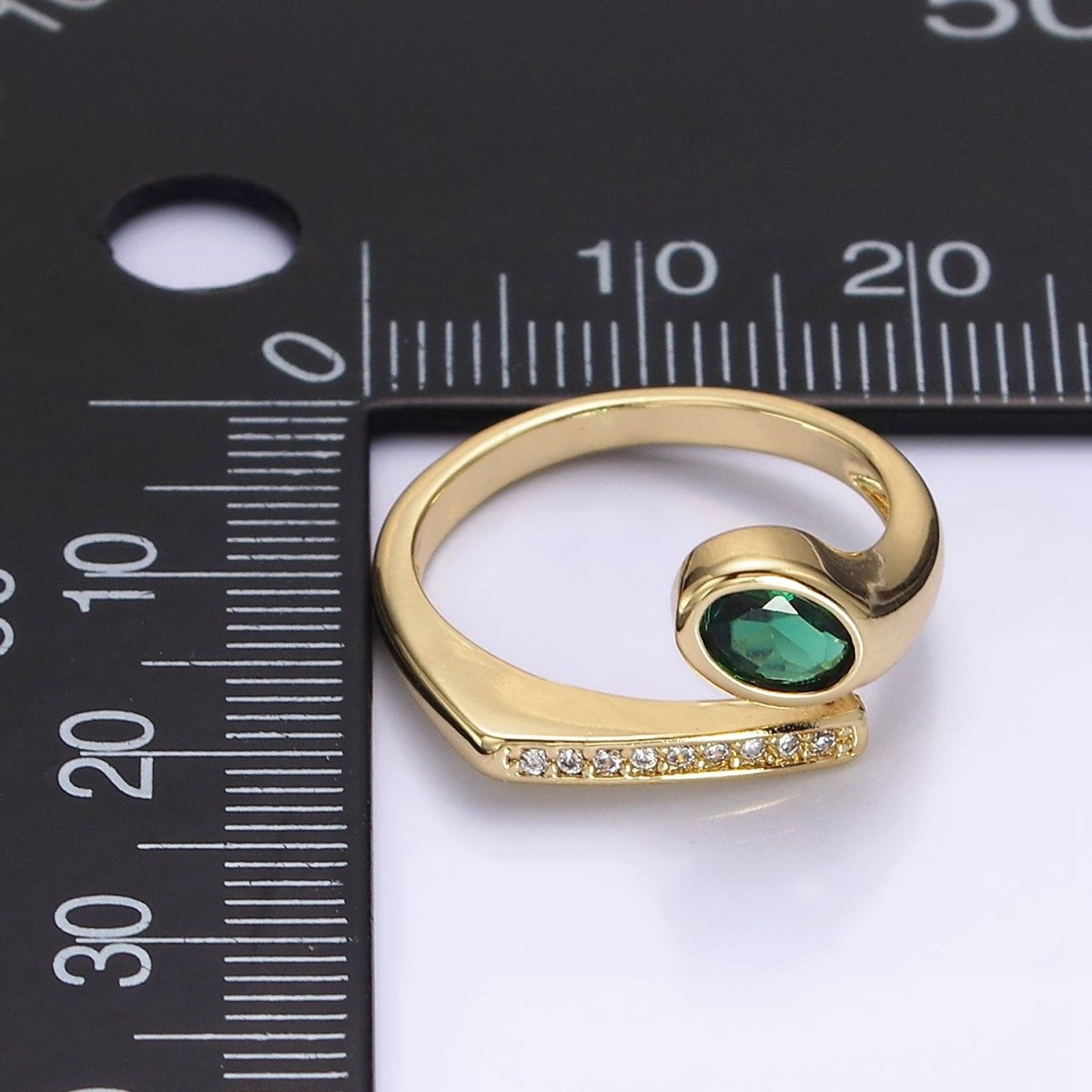 14K Gold Filled Green Oval CZ Clear Micro Paved Band Open Ring | O-569