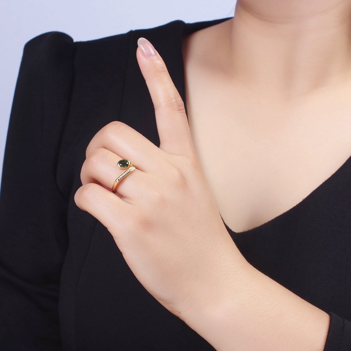 14K Gold Filled Green Oval CZ Clear Micro Paved Band Open Ring | O-569