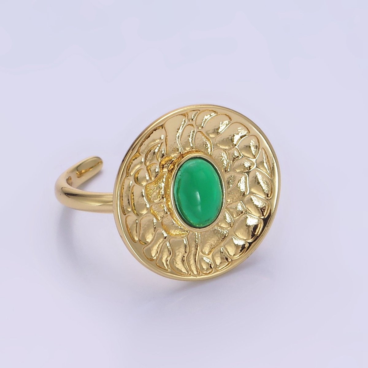14K Gold Filled Green Prehnite Oval Abstract Hammered Round Ring | O1345